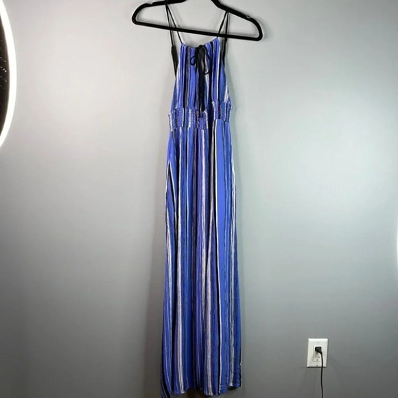 BAND OF GYPSIES Maxi Dress Blue Stripe Plisse Tied Deep V Smock Bohemian M - Picture 10 of 10